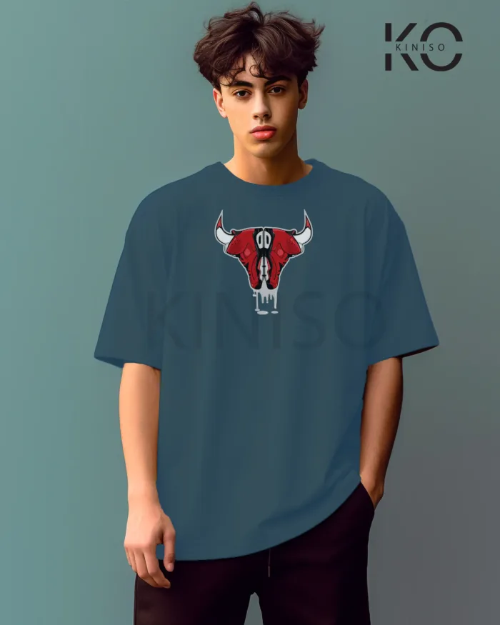 Image of Glaucous Blue Color NBA Drop Shoulder T-Shirts with Jordan Bull on Shoe Horn Printed for Basketball Lovers