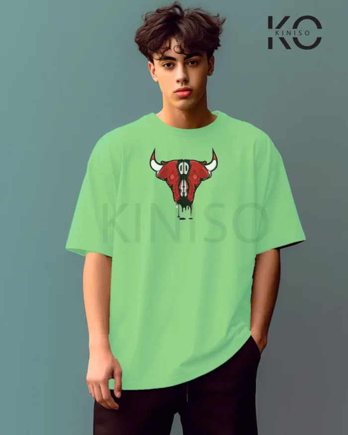 Image of Pastel Mint Color NBA Drop Shoulder T-Shirts with Jordan Bull on Shoe Horn Printed for Basketball Lovers