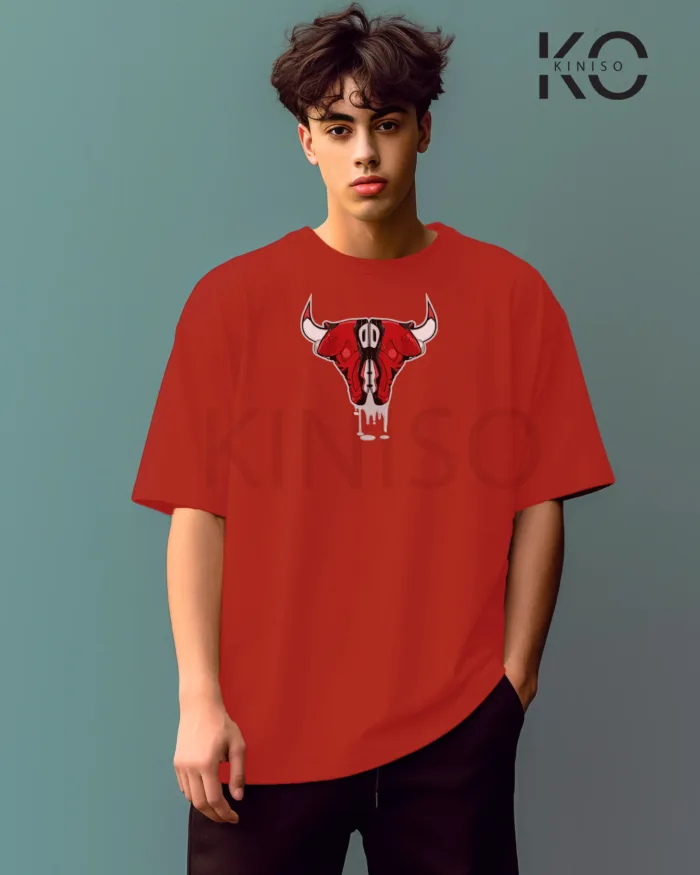 Image of Red Color NBA Drop Shoulder T-Shirts with Jordan Bull on Shoe Horn Printed for Basketball Lovers