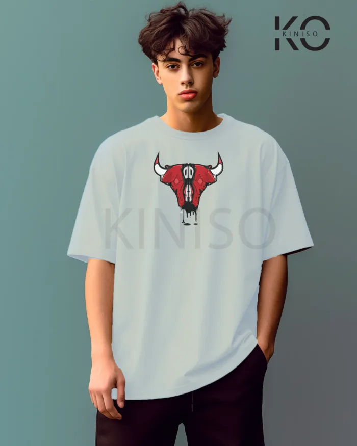 Image of Sky Blue Color NBA Drop Shoulder T-Shirts with Jordan Bull on Shoe Horn Printed for Basketball Lovers