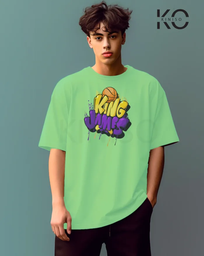 Image of Pastel Mint Color NBA Drop Shoulder T-Shirts with King James Printed for Basketball Lovers
