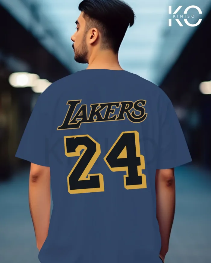 Image of Glaucous Blue Color NBA Drop Shoulder T-Shirts with Lakers 24 NBA Logo Printed for Basketball Lovers