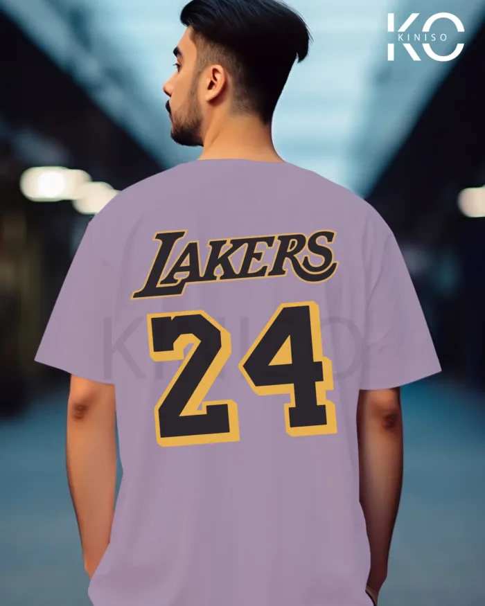 Image of Light Purple Color NBA Drop Shoulder T-Shirts with Lakers 24 NBA Logo Printed for Basketball Lovers