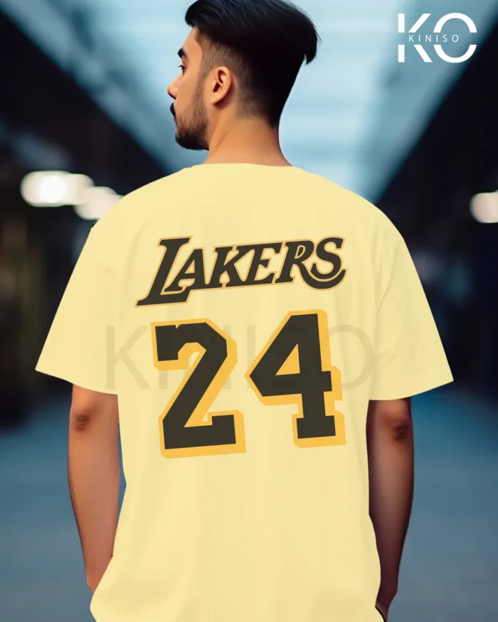 Image of Off White Color NBA Drop Shoulder T-Shirts with Lakers 24 NBA Logo Printed for Basketball Lovers