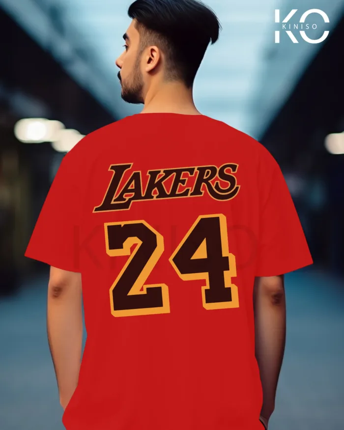 Image of Red Color NBA Drop Shoulder T-Shirts with Lakers 24 NBA Logo Printed for Basketball Lovers