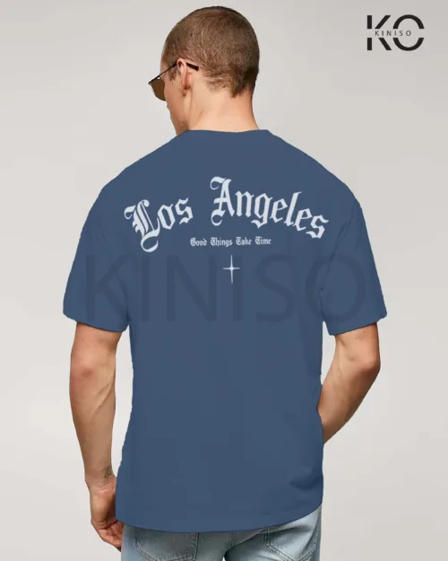 Image of Glaucous Blue Color NBA Drop Shoulder T-Shirts with Los Angels Printed for Basketball Lovers