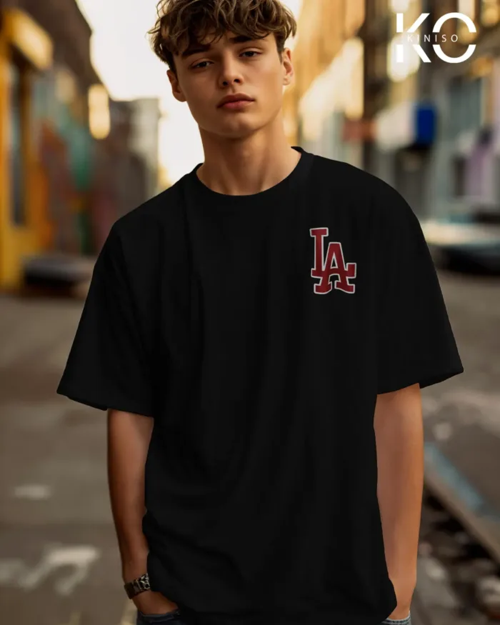 Image of Black Color NBA Drop Shoulder T-Shirts with Los Angels LA Printed for Basketball Lovers