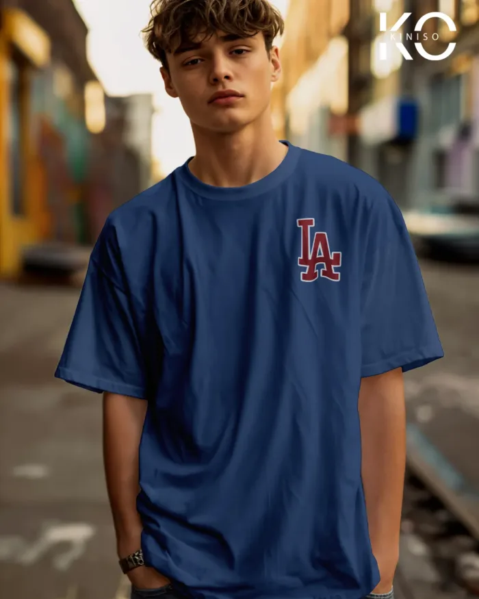 Image of Glaucous Blue Color NBA Drop Shoulder T-Shirts with Los Angels LA Printed for Basketball Lovers
