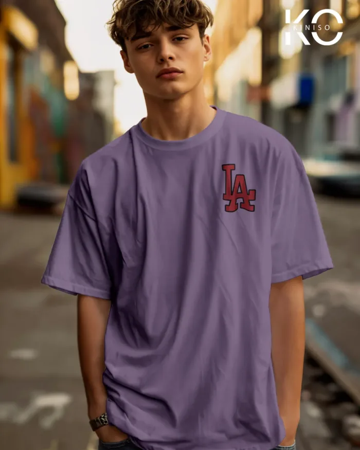 Image of Light Purple Color NBA Drop Shoulder T-Shirts with Los Angels LA Printed for Basketball Lovers