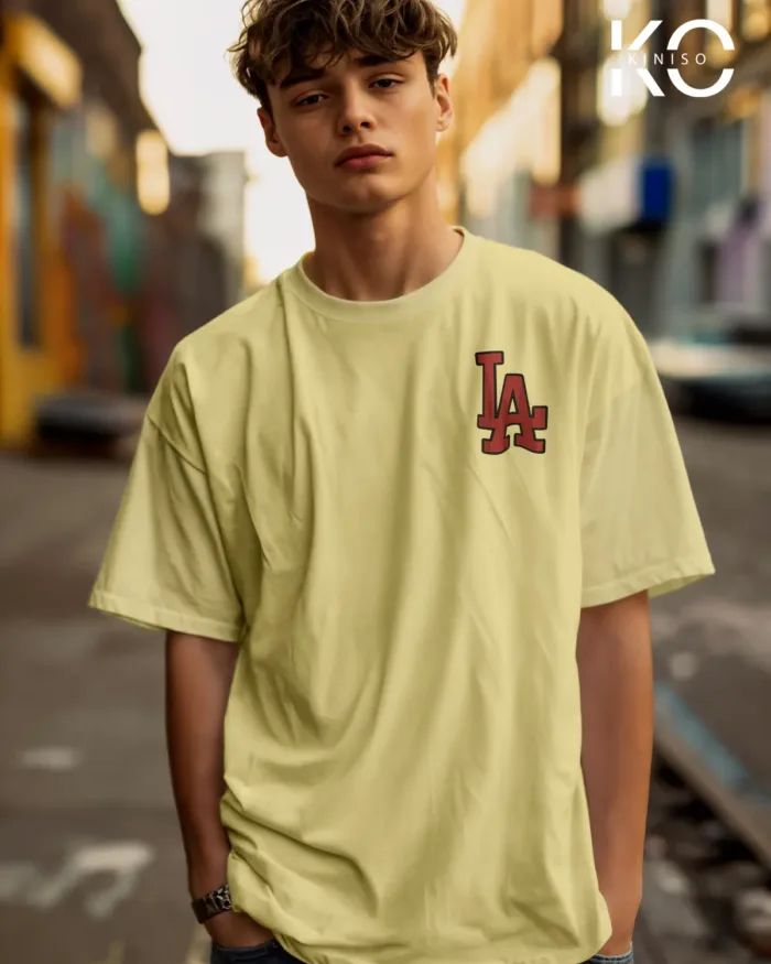Image of Off White Color NBA Drop Shoulder T-Shirts with Los Angels LA Printed for Basketball Lovers