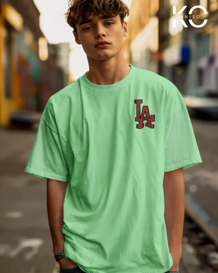 Image of Pastel Mint Color NBA Drop Shoulder T-Shirts with Los Angels LA Printed for Basketball Lovers
