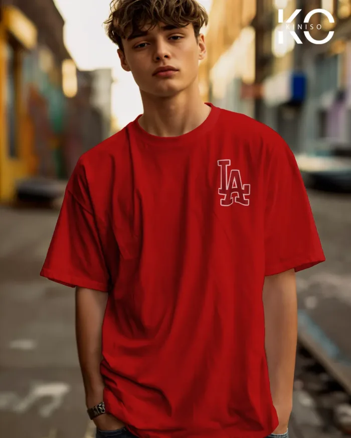 Image of Red Color NBA Drop Shoulder T-Shirts with Los Angels LA Printed for Basketball Lovers