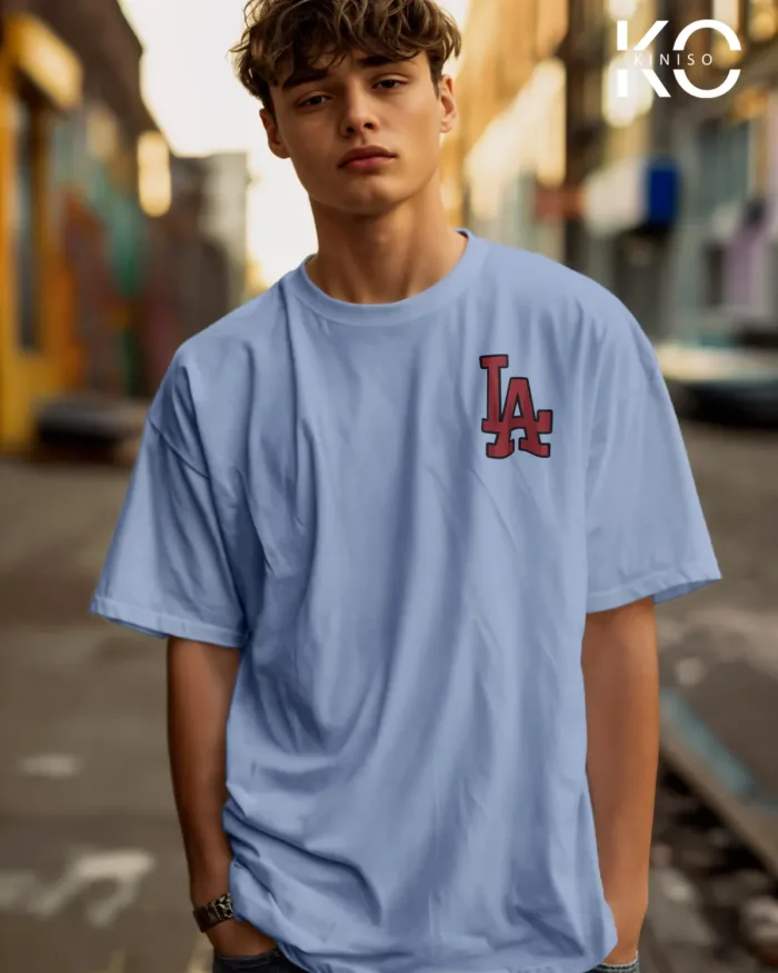 Image of Sky Blue Color NBA Drop Shoulder T-Shirts with Los Angels LA Printed for Basketball Lovers