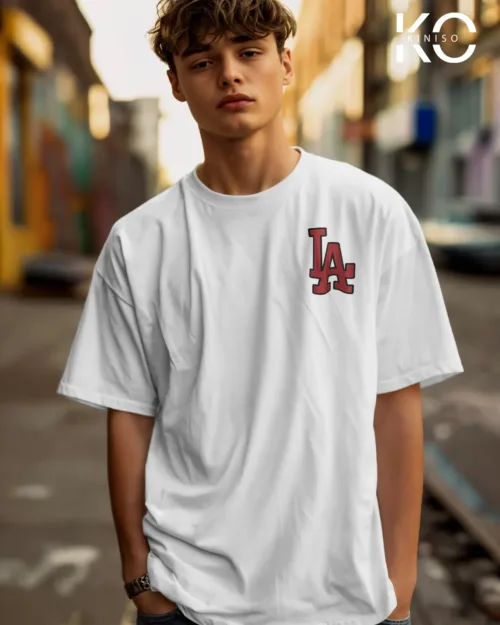 Image of White Color NBA Drop Shoulder T-Shirts with Los Angels LA Printed for Basketball Lovers