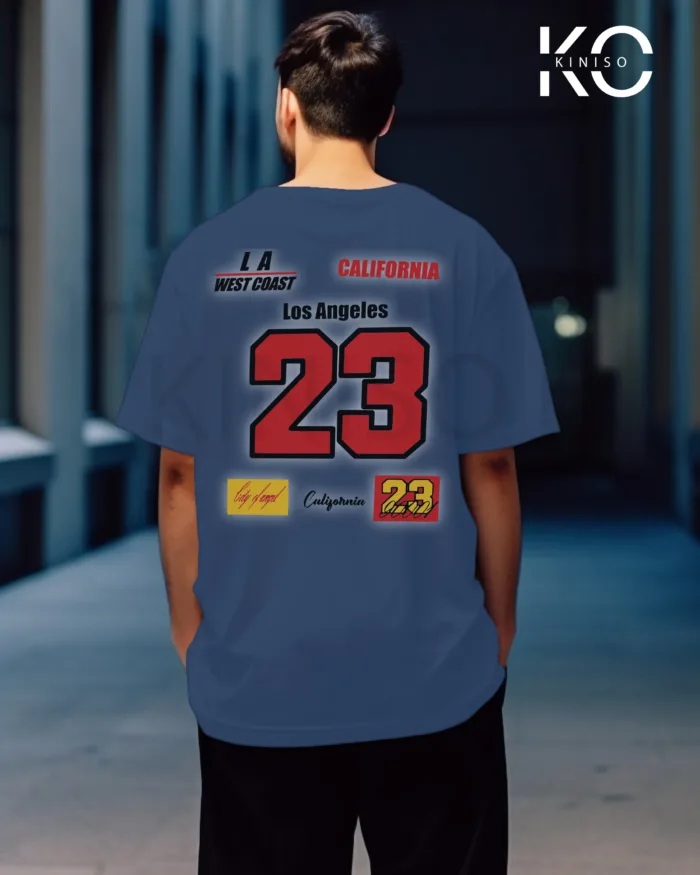 Image of Glaucous Blue Color NBA Drop Shoulder T-Shirts with Los Angels California Printed for Basketball Lovers