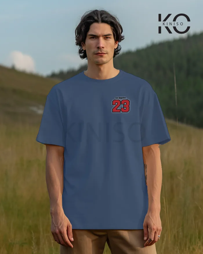 Image of Glaucous Blue Color NBA Drop Shoulder T-Shirts with Los Angels California Printed for Basketball Lovers