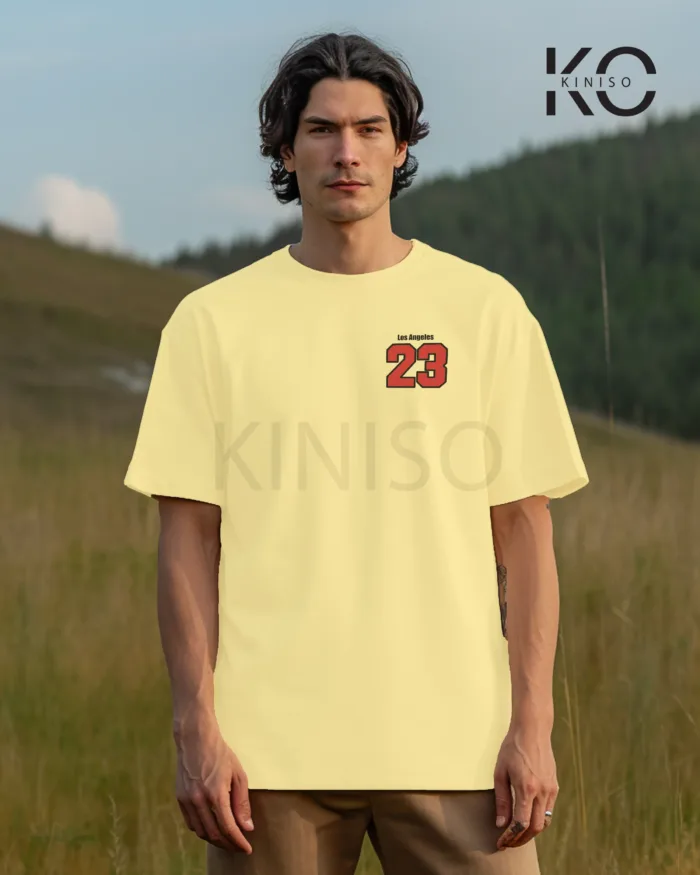 Image of Off White Color NBA Drop Shoulder T-Shirts with Los Angels California Printed for Basketball Lovers