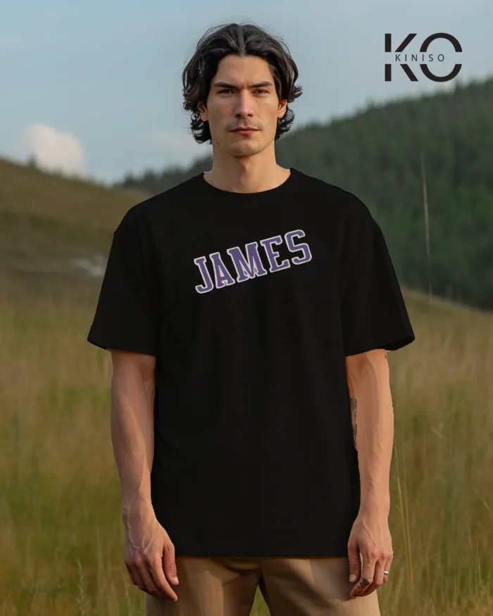 Image of Black Color NBA Drop Shoulder T-Shirts with Los Angels Lakers James Printed for Basketball Lovers