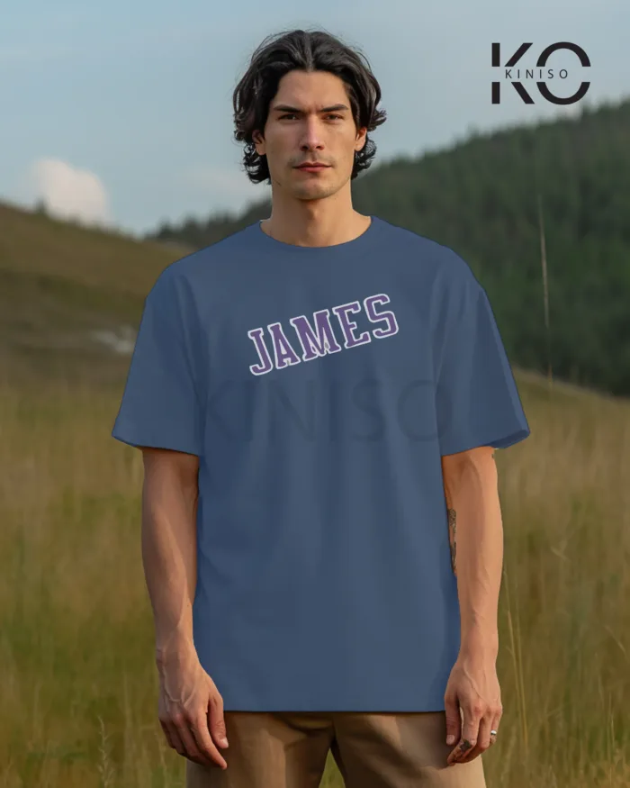 Image of Glaucous Blue Color NBA Drop Shoulder T-Shirts with Los Angels Lakers James Printed for Basketball Lovers