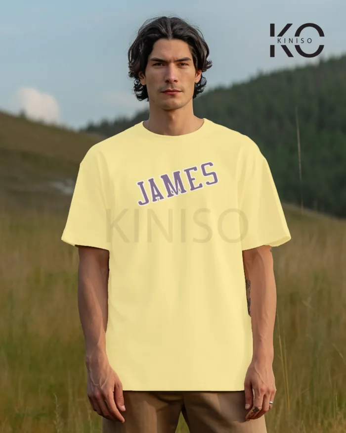 Image of Off White Color NBA Drop Shoulder T-Shirts with Los Angels Lakers James Printed for Basketball Lovers