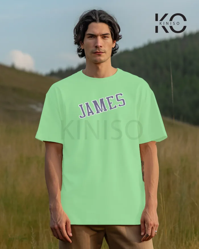 Image of Pastel Mint Color NBA Drop Shoulder T-Shirts with Los Angels Lakers James Printed for Basketball Lovers