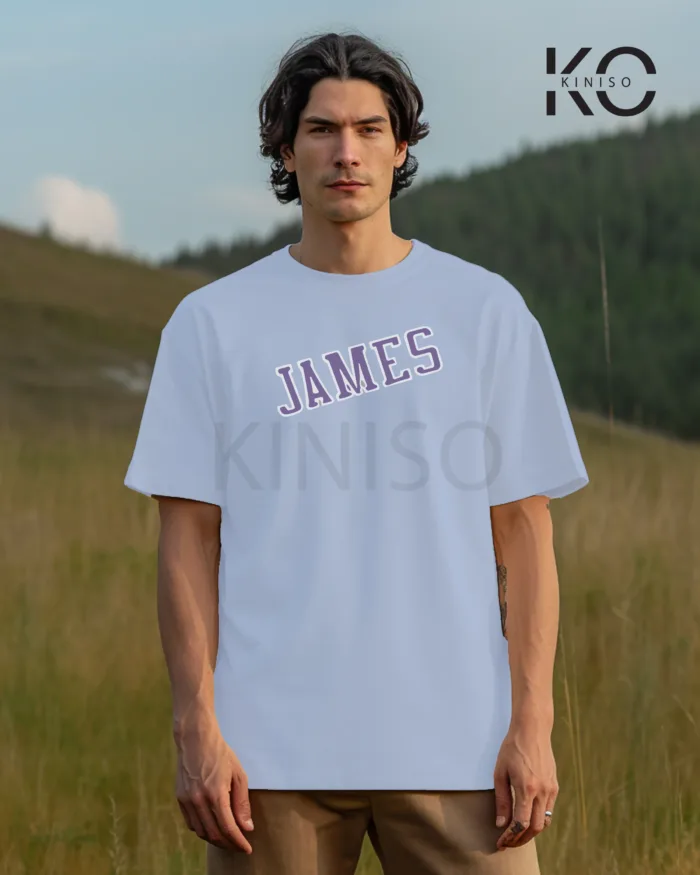 Image of Sky Blue Color NBA Drop Shoulder T-Shirts with Los Angels Lakers James Printed for Basketball Lovers