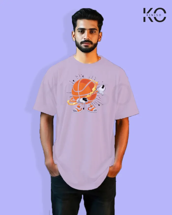 Image of Light Purple Color NBA Drop Shoulder T-Shirts with NBA Cartoon Printed for Basketball Lovers