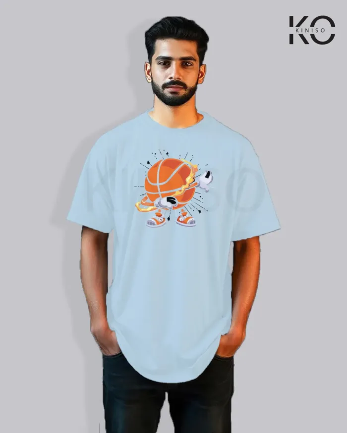 Image of Sky Blue Color NBA Drop Shoulder T-Shirts with NBA Cartoon Printed for Basketball Lovers