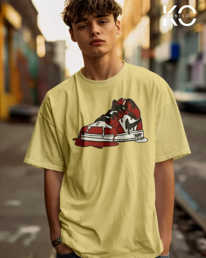 Image of Off White Color NBA Drop Shoulder T-Shirts with Nike Air Shoe Printed for Basketball Lovers