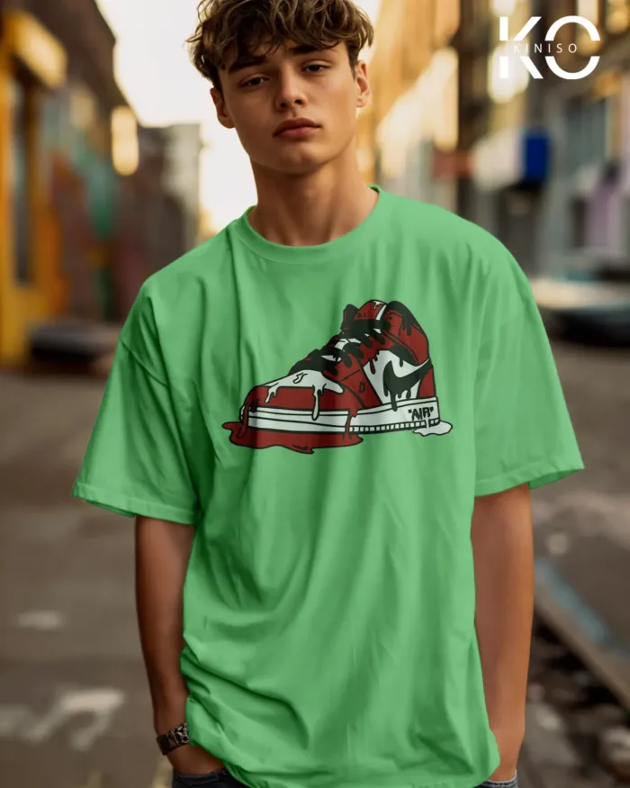 Image of Pastel Mint Color NBA Drop Shoulder T-Shirts with Nike Air Shoe Printed for Basketball Lovers