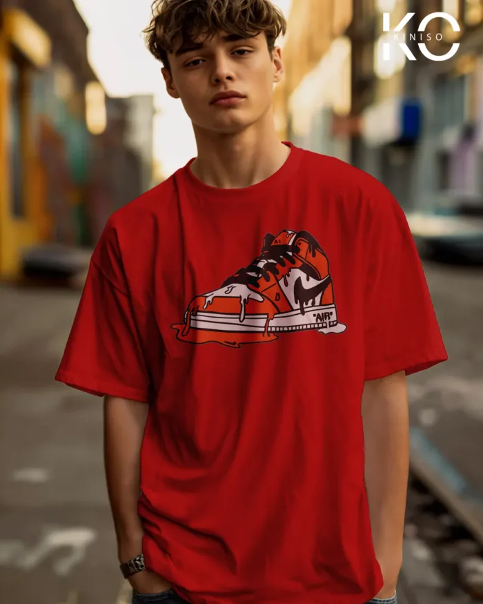 Image of Red Color NBA Drop Shoulder T-Shirts with Nike Air Shoe Printed for Basketball Lovers