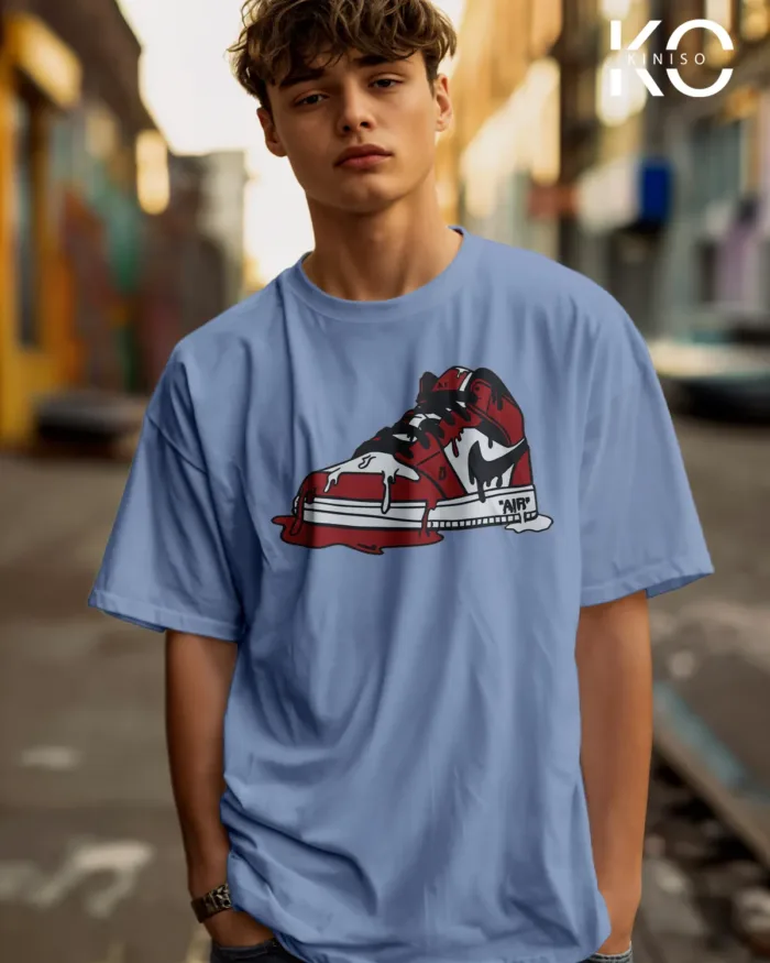 Image of Sky Blue Color NBA Drop Shoulder T-Shirts with Nike Air Shoe Printed for Basketball Lovers