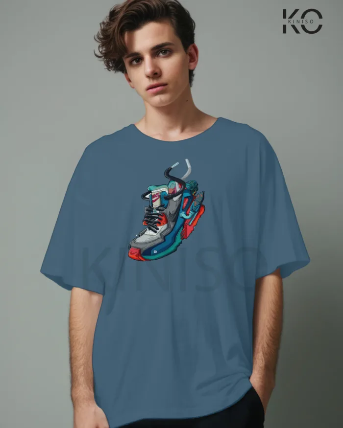 Image of Glaucous Blue Color NBA Drop Shoulder T-Shirts with Nike Shoe Printed for Basketball Lovers