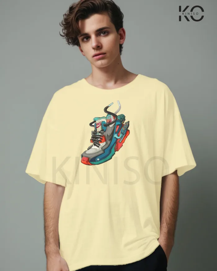 Image of Off White Color NBA Drop Shoulder T-Shirts with Nike Shoe Printed for Basketball Lovers