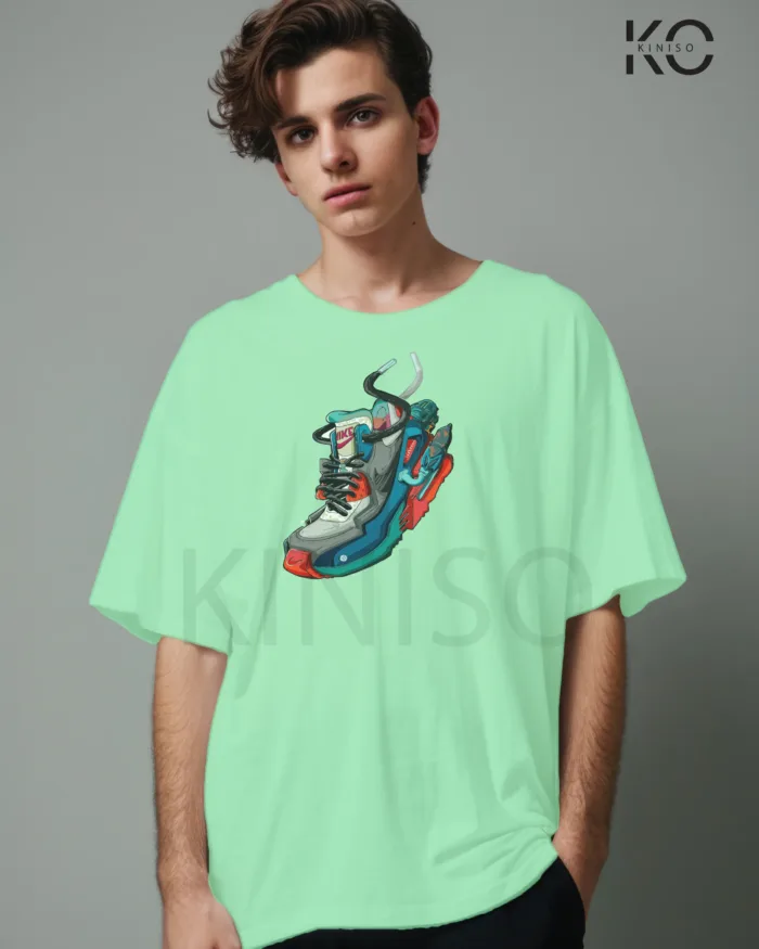Image of Pastel Mint Color NBA Drop Shoulder T-Shirts with Nike Shoe Printed for Basketball Lovers