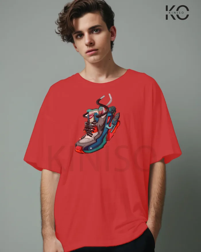 Image of Red Color NBA Drop Shoulder T-Shirts with Nike Shoe Printed for Basketball Lovers