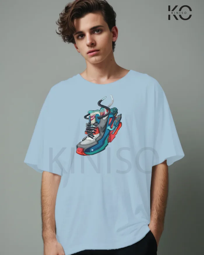 Image of Sky Blue Color NBA Drop Shoulder T-Shirts with Nike Shoe Printed for Basketball Lovers
