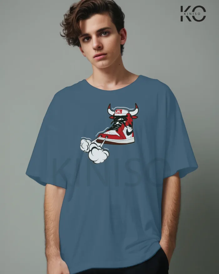 Image of Glaucous Blue Color NBA Drop Shoulder T-Shirts with Nike Shoe Bulls Printed for Basketball Lovers