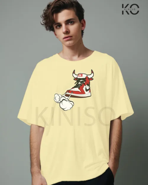 Image of Off White Color NBA Drop Shoulder T-Shirts with Nike Shoe Bulls Printed for Basketball Lovers