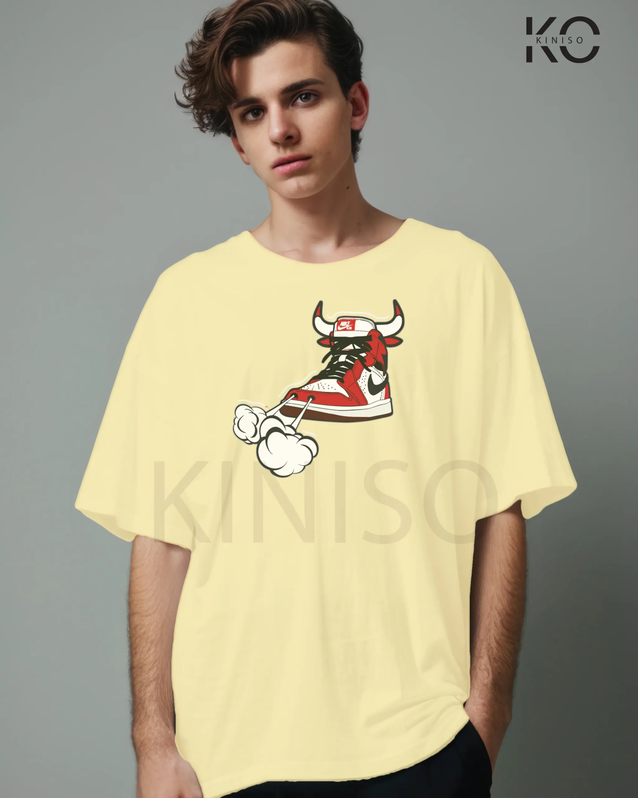 Image of Off White Color NBA Drop Shoulder T-Shirts with Nike Shoe Bulls Printed for Basketball Lovers