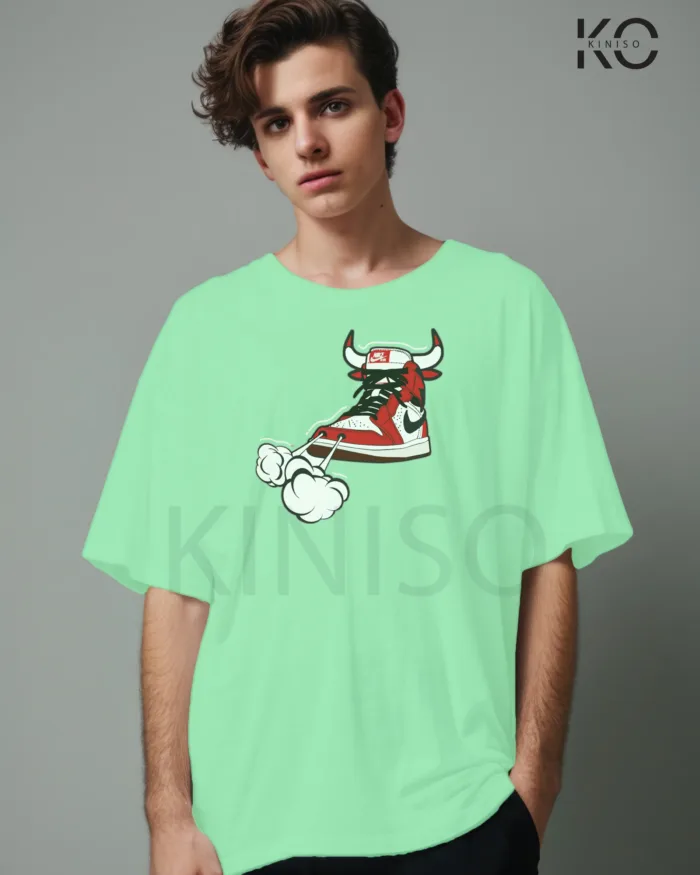 Image of Pastel Mint Color NBA Drop Shoulder T-Shirts with Nike Shoe Bulls Printed for Basketball Lovers