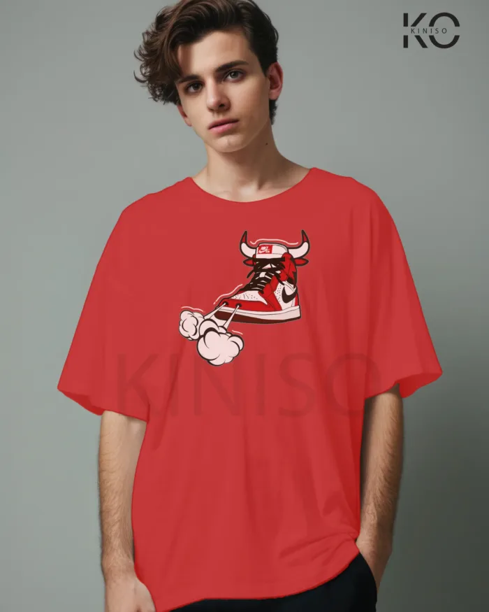 Image of Red Color NBA Drop Shoulder T-Shirts with Nike Shoe Bulls Printed for Basketball Lovers