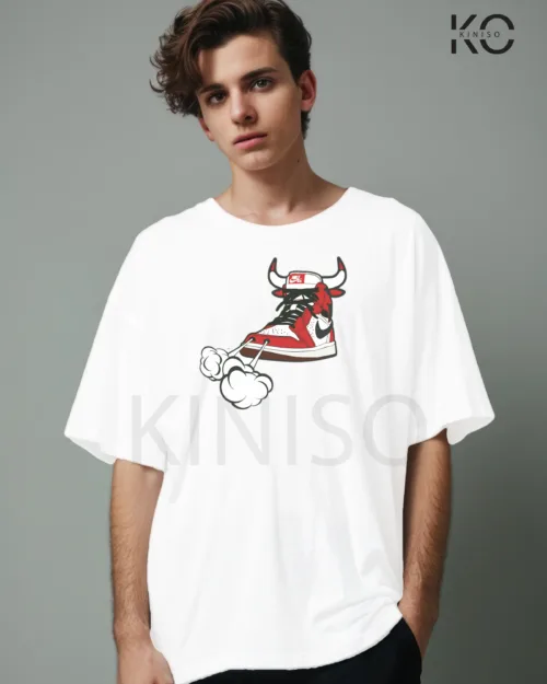 Image of White Color NBA Drop Shoulder T-Shirts with Nike Shoe Bulls Printed for Basketball Lovers