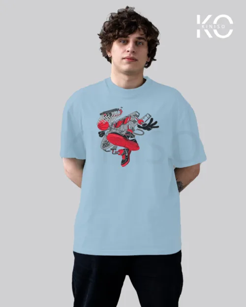 Image of Sky Blue Color NBA Drop Shoulder T-Shirts with Shoe Cartoon Printed for Basketball Lovers