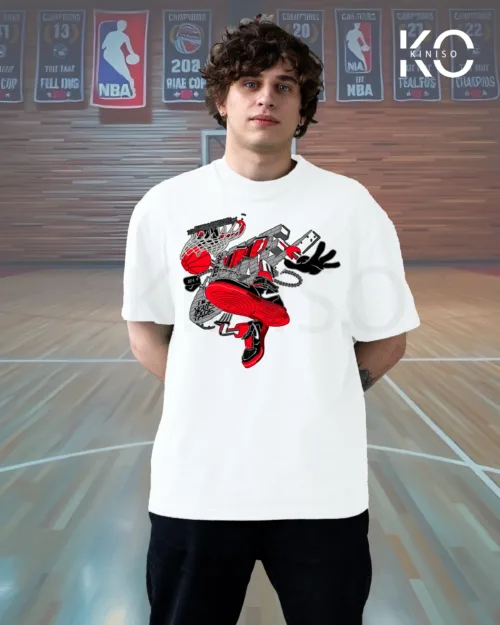 Image of White Color NBA Drop Shoulder T-Shirts with Shoe Cartoon Printed for Basketball Lovers