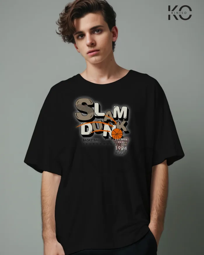 Image of Black Color NBA Drop Shoulder T-Shirts with Slum Dunk 1984 Printed for Basketball Lovers
