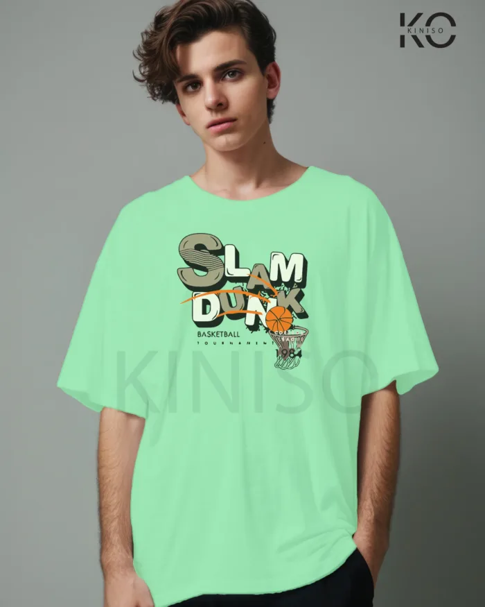 Image of Pastel Mint Color NBA Drop Shoulder T-Shirts with Slum Dunk 1984 Printed for Basketball Lovers