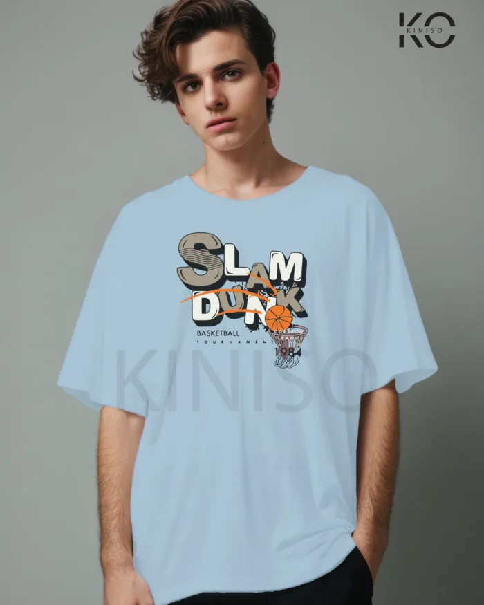 Image of Sky Blue Color NBA Drop Shoulder T-Shirts with Slum Dunk 1984 Printed for Basketball Lovers