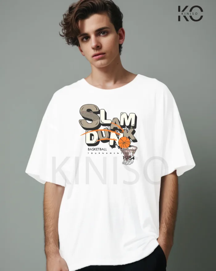 Image of White Color NBA Drop Shoulder T-Shirts with Slum Dunk 1984 Printed for Basketball Lovers