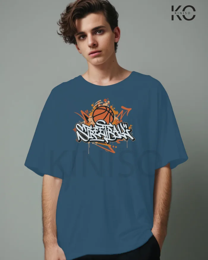 Image of Glaucous Blue Color NBA Drop Shoulder T-Shirts with Street Basketball Printed for Basketball Lovers